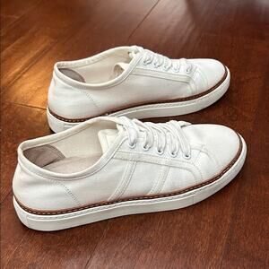 Kookai White Canvas Sneakers with a Brown Leather Band Around the Shoe, Size 7.5